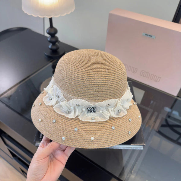 Miu Straw Hat With Lace And Rhinestone 278290
