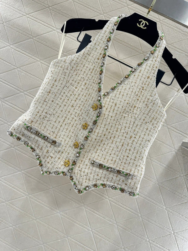 CC 26 Gilet à col bénitier orné de strass, en coton et laine crème 331227