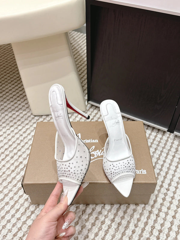 CL 26SS Mules à talons hauts 100 Blanc Mesh Strass Cuir 658052
