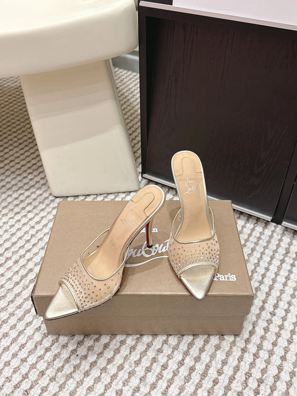 CL 26SS Mules à talons hauts 100 Cuir et résille champagne doré Strass 658053