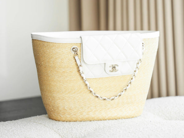 Chanel 2026 Shopping Bag 53cm Beige White Straw Lambskin