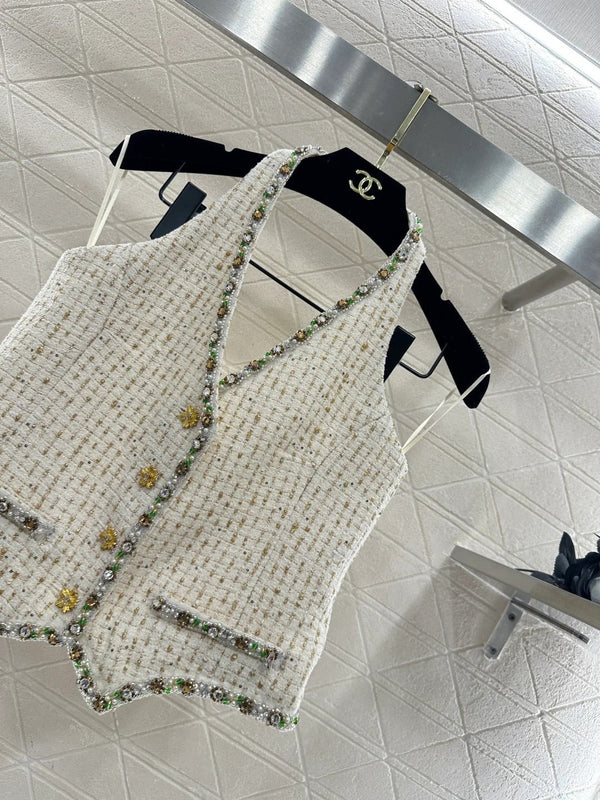 CC 26 Gilet à col bénitier orné de strass, en coton et laine crème 331227