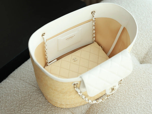 Chanel 2026 Shopping Bag 53cm Beige White Straw Lambskin