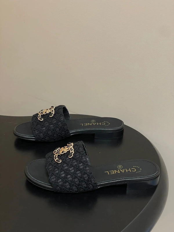 CC 26s Ballerines Plates Tissu Noir Peau de Mouton 649492