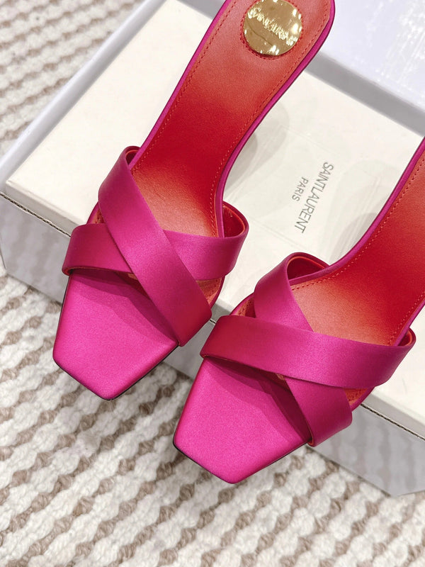 YSL 26ss High-Heeled Mules 85 Pink Red Satin Leather 660673