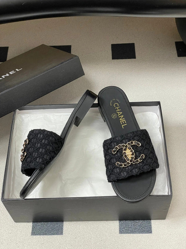 CC 26s Ballerines Plates Tissu Noir Peau de Mouton 649492