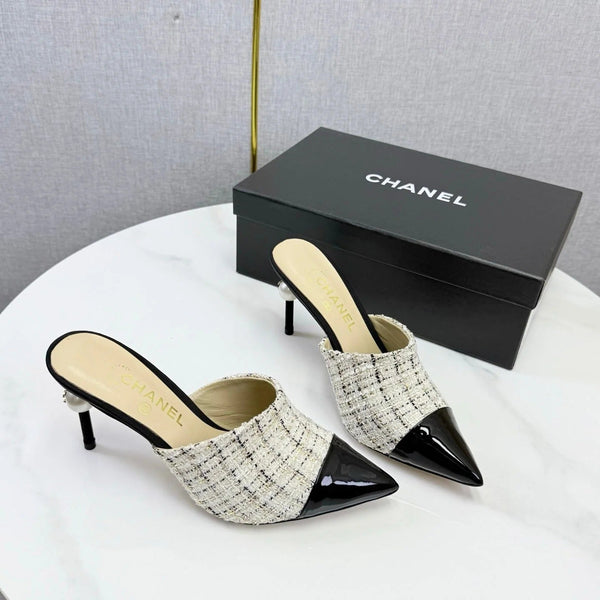 CC 2026 Pointy Heeled Mules 85mm Tweed Pearl 801951