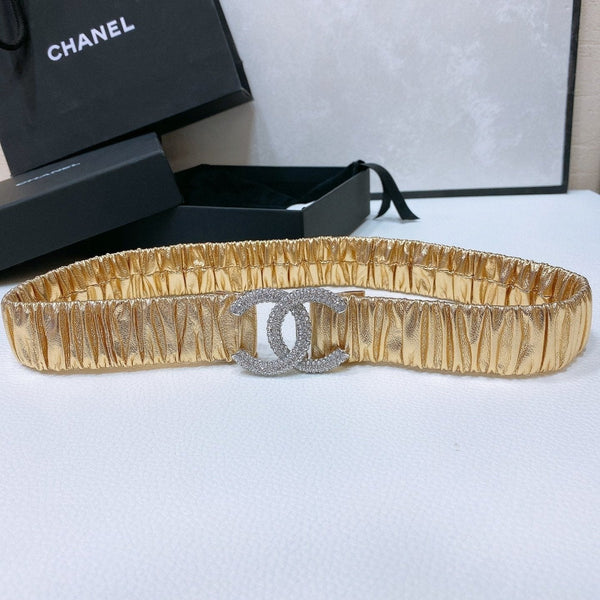 CC ELASTIC BELT 30MM IN GOLD CALFSKIN GOLD HARDWARE WITH RHINSTONES