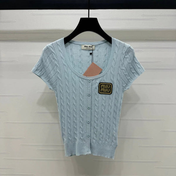 MIUMIU MAGLIA A MANICHE CORTE IN MAGLIA CON SCOLLO A U AZZURRO CHIARO 274948
