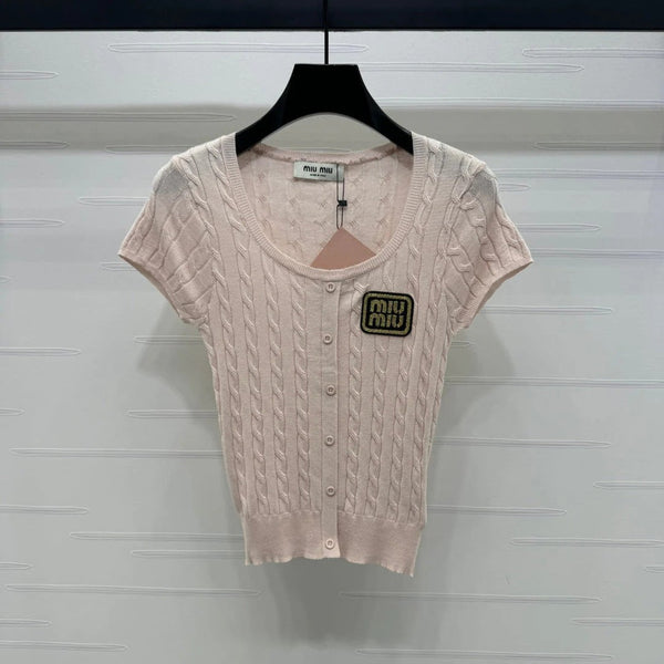 MIUMIU TOP IN MAGLIA CON SCOLLO A U E MANICHE CORTE ROSA 274947