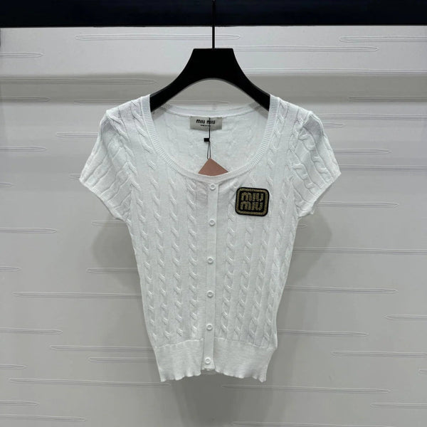 MIUMIU MAGLIA A MANICHE CORTE IN MAGLIA CON SCOLLO A U BIANCA 274946