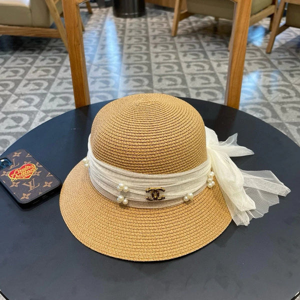 STRAW HAT BOW WITH PEARL BROWN 672697