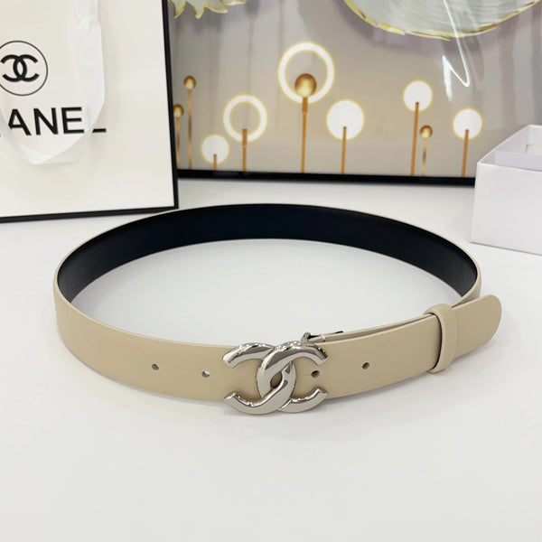CINTURA DOPPIA C 30MM IN PELLE DI VITELLO BEIGE CON FIBBIA ARGENTO LUCIDO