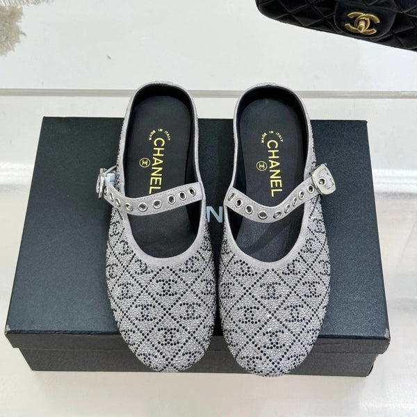 CC Flat Mules 25ss In Grey Embellished With Rhinestones