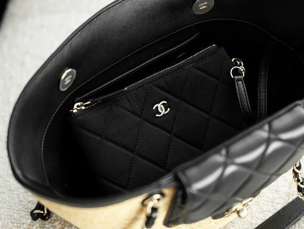 Chanel 2026 Shopping Bag 40cm Beige Black Straw Lambskin 351031