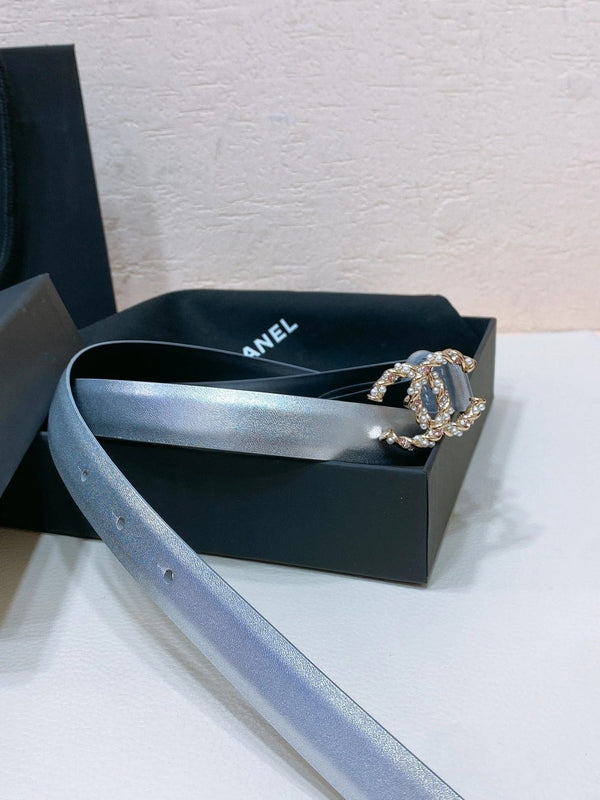 CC BELT 20MM IN SILVER GREY CALFSKIN GOLD HARDWARE ATTACH PEARLS