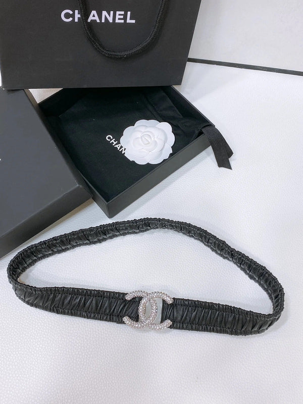 CC ELASTIC BELT 30MM IN BLACK CALFSKIN SILVER HARDWARE WITH RHINSTONES