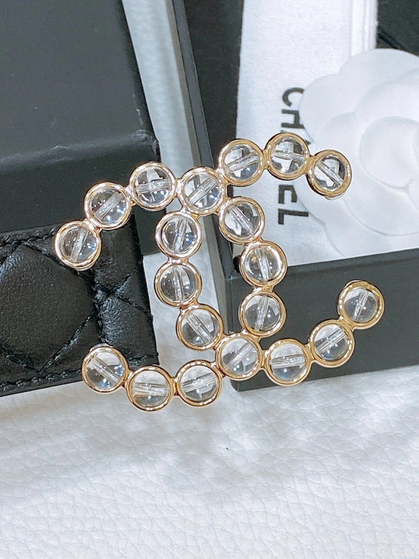 CC BELT 30 MM IN BLACK EMBROIDERED CALFSKIN PEARL LOGO WITH GOLD HARDWARE