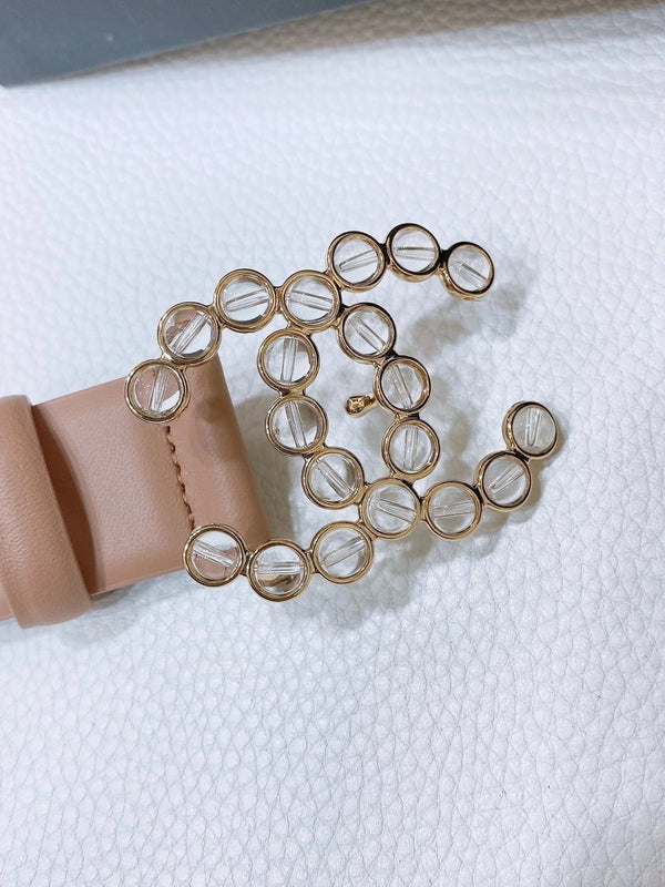 CC BELT 30 MM IN ALMOND BEIGE CALFSKIN PEARL LOGO WITH GOLD HARDWARE