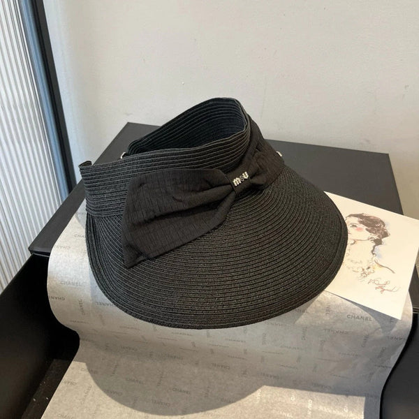 MM OPEN-TOP STRAW HAT IN BLACK WITH LARGE BOW