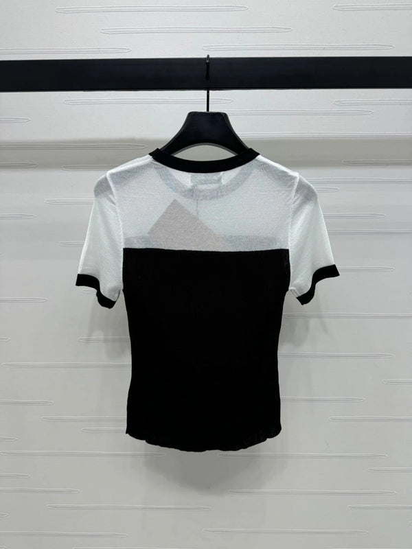 MIUMIU CREW NECK SHORT-SLEEVE SHEER KNIT TOP 274813