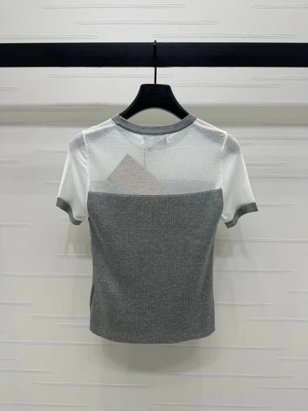 MIUMIU CREW NECK SHORT-SLEEVE SHEER KNIT TOP 274812