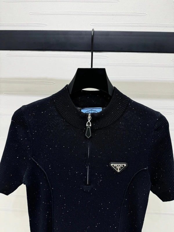 PRADA MOCK NECK SHORT-SLEEVE KNIT TOP BLACK 274816