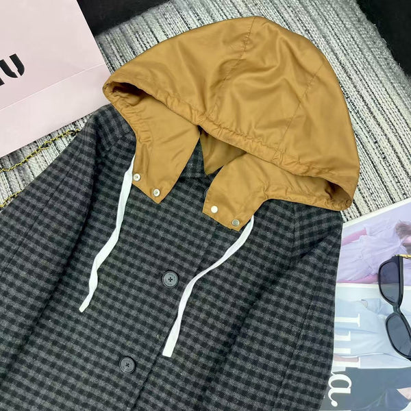 MIUMIU HOODED LONG CHECKED COAT STYLE 30