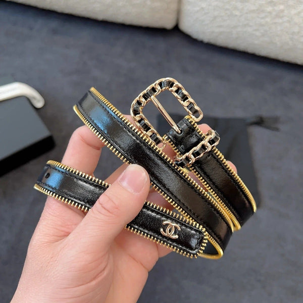 BELT 20MM IN BLACK CALFSKIN WITH INTERWOVEN CHAIN BUCKLE ZIPPER IN TRIM GOLD HARDWARE