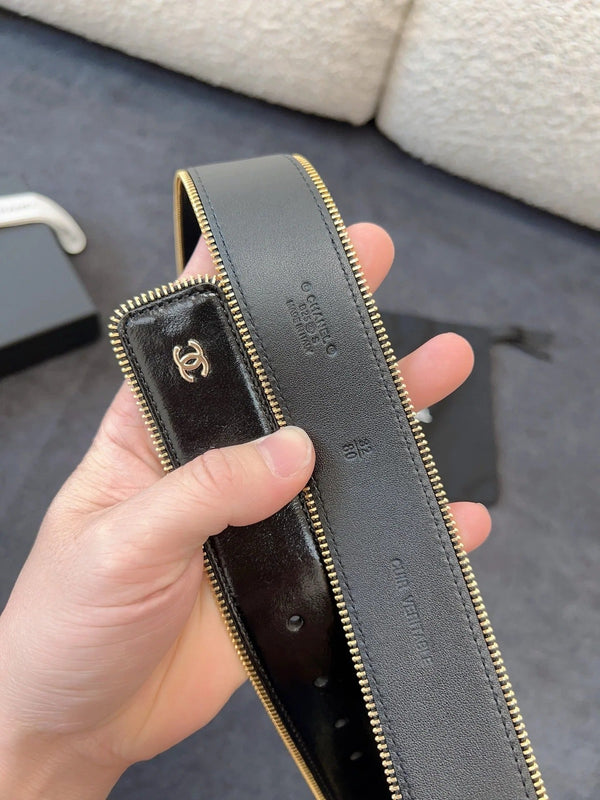 CINTURA 40MM IN PELLE DI VITELLO NERA CON FIBBIA A CATENA INTRECCIATA E CERNIERA CON FINITURE ORO