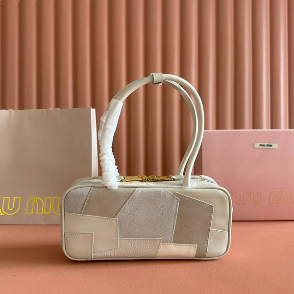 BORSA BEAU CON MANICO 28 IN PELLE BIANCO GESSO PATCHWORK