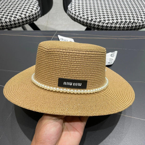 CAPPELLO IN PAGLIA A TESA PICCOLA MM IN BEIGE E PERLE DECORATE