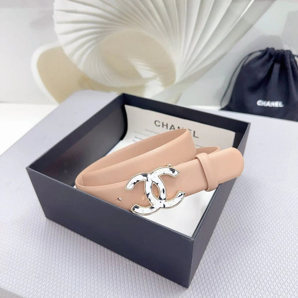 CC 30MM BELT IN ALMOND BEIGE SHINNY CALFSKIN WHITE LOGO