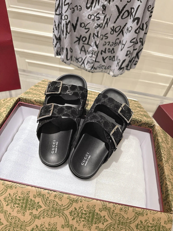 SANDALS IN BLACK SUEDE EMBOSSED LOGO SILVER HARDWARE