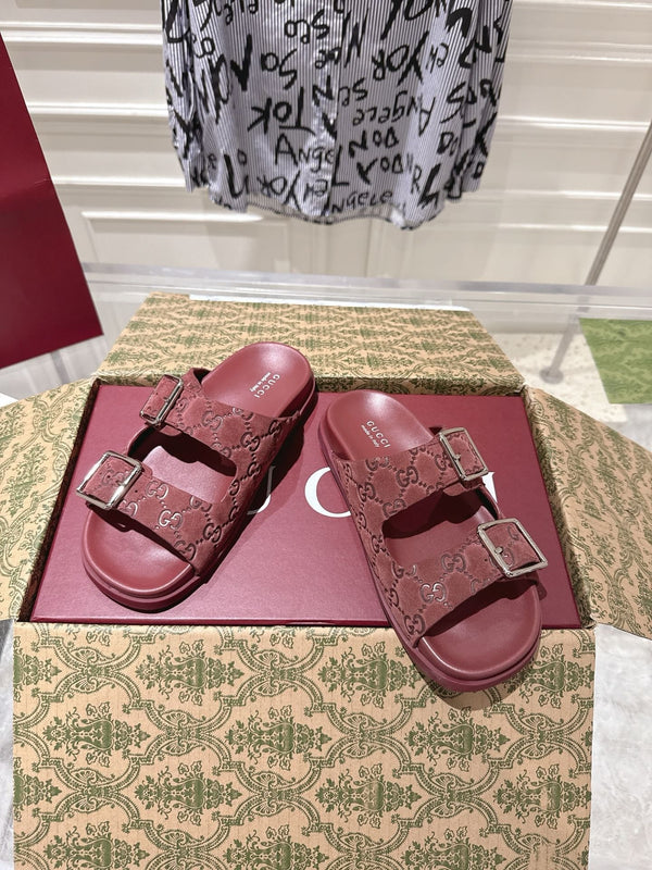 SANDALS IN NAVY RED SUEDE EMBOSSED LOGO SILVER HARDWARE