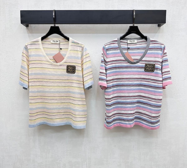 MIUMIU T-SHIRT IN MAGLIA A RIGHE 273768