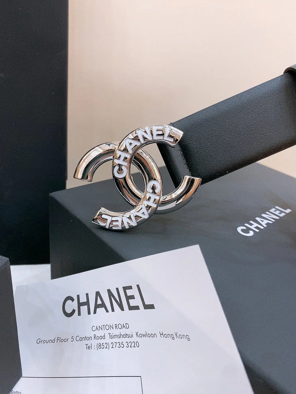 DOUBLE C BELT 40MM IN BLACK CALFSKIN SILVER BUCKLE EMBOSSED WHITE LOGO