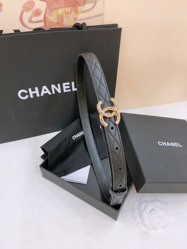 DOUBLE C BELT 20MM IN BLACK CALFSKIN WITH QUILTED STITCHING AND SPIRAL SILVER BUCKLE