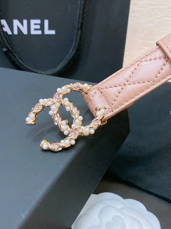 CC BELT 20MM IN PEACHY PINK EMBROIDERED CALFSKIN GOLD HARDWARE ATTACH PEARLS