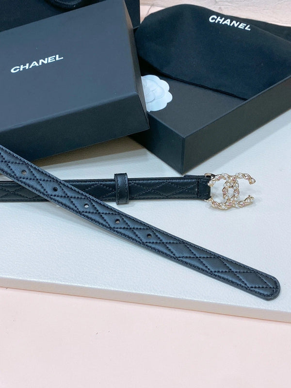 CC BELT 20MM IN BLACK EMBROIDERED CALFSKIN GOLD HARDWARE ATTACH PEARLS