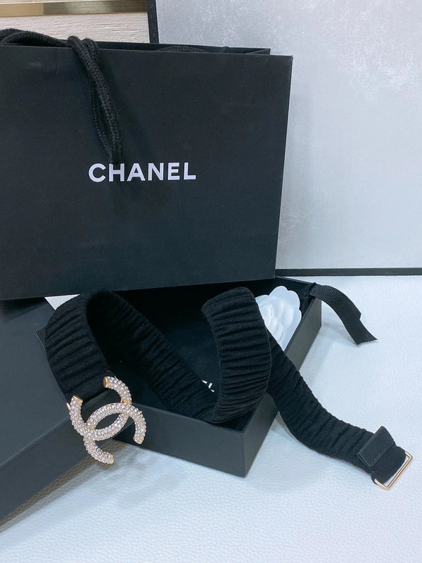 CC ELASTIC BELT 30MM IN BLACK WOOL FABRIC GOLD HARDWARE WITH RHINSTONES