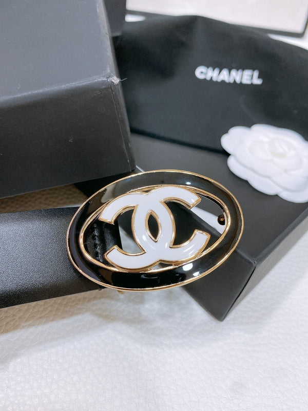 CC 30MM BELT IN BLACK SMOOTH CALFSKIN WHITE MIX BLACK METAL HARDWARE