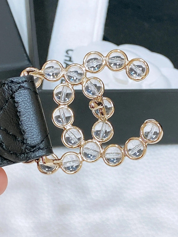 CC BELT 30 MM IN BLACK EMBROIDERED CALFSKIN PEARL LOGO WITH GOLD HARDWARE