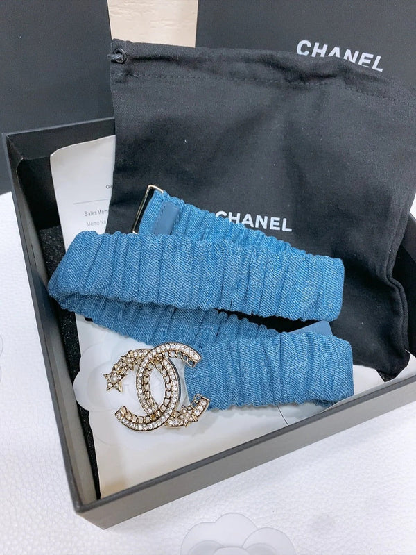 CINTURA ELASTICA DOPPIA C 30 MM IN DENIM BLU FIBBIA DECORATA CON STELLA DI CRISTALLI ORO