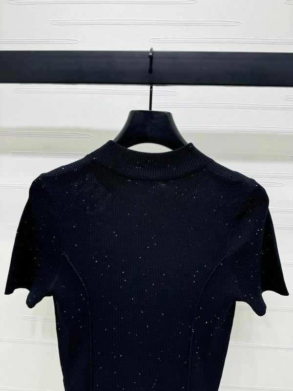 PRADA MOCK NECK SHORT-SLEEVE KNIT TOP BLACK 274816