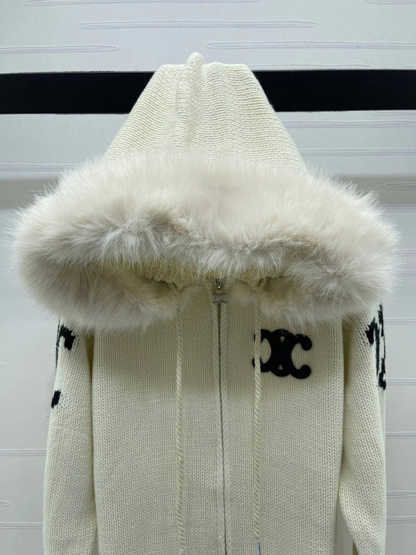 CELINE 25S HOODED CARDIGAN WITH FUR TRIM 0089