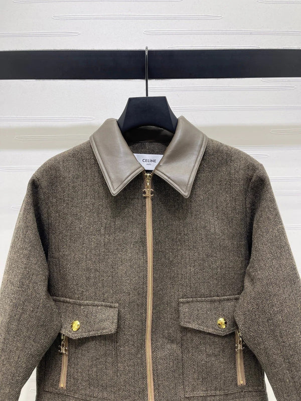 CELINE 25S PU LEATHER JACKET WITH LAPEL TRIM 0032