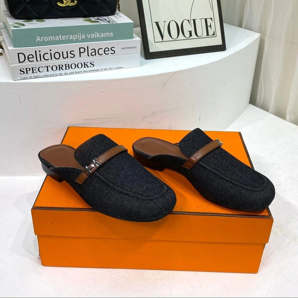 IENA MULE BLACK CANVAS AND BROWN CALFSKIN