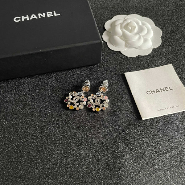 DOUBLE C STUD EARRINGS IN SILVER METAL WHITE PEARL MULTICOLOR STONES