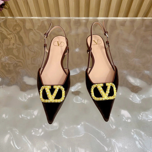 VALENTINO BABOUCHES PLATES 25S EN VELOURS MARRON FONCÉ AVEC QUINCAILLERIE DORÉE